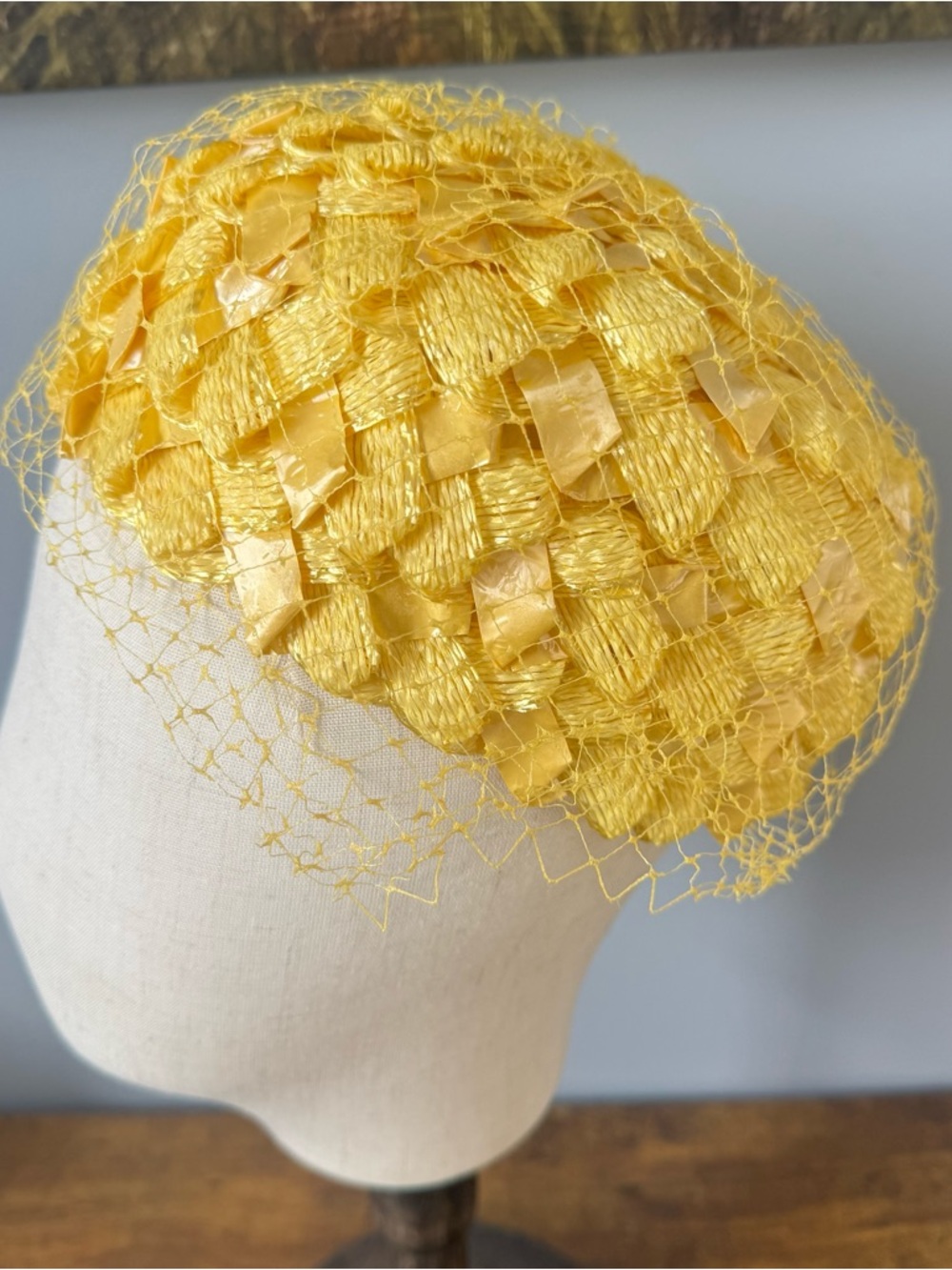 Vintage 1950s Yellow Pillbox Hat Birdcage Veil Straw Ribbon Woven Cocktail